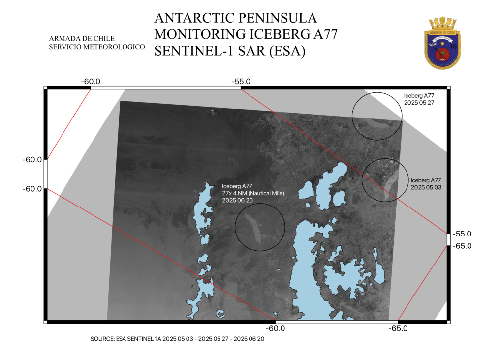 Imagen satelital del Iceberg A77 Firma Armada de Chile