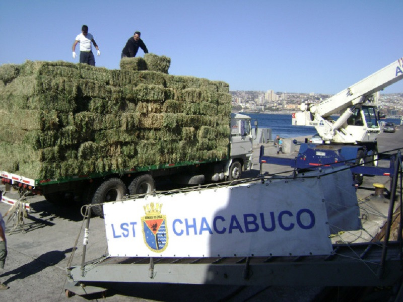 Carga de fardos de pasto para ganado en la barcaza LST 92 Chacabuco en el molo de abrigo de Valparaíso para la Región de Magallanes y Antártica Chilena. Firma Armada de Chile